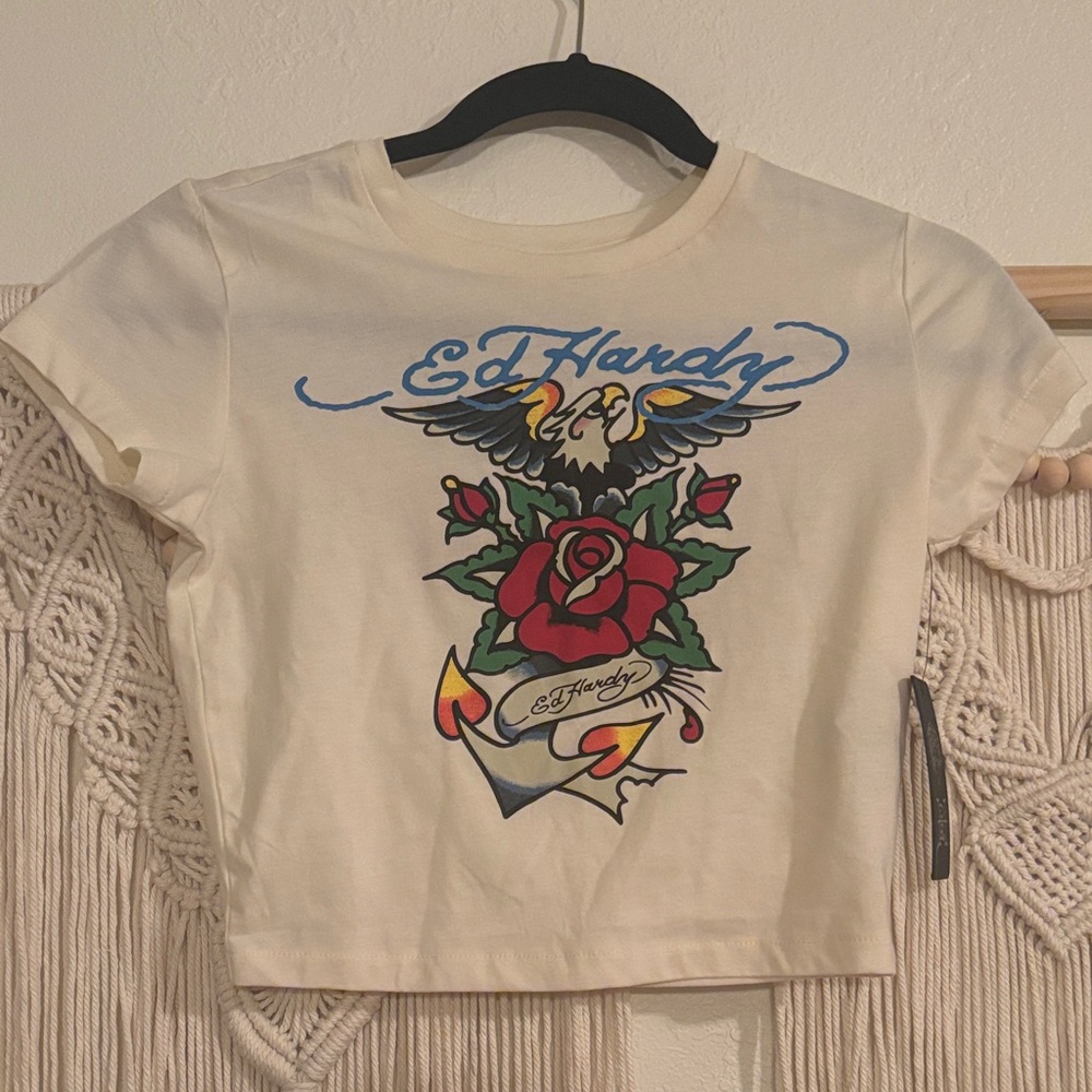Ed Hardy Cream Slim fit Crop Tee with Rose and Anchor Graphic